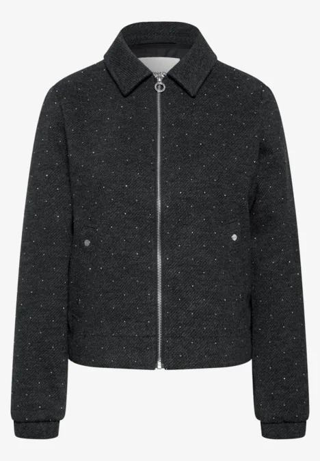 Dunkelgraue melierte Jacke mit Reißverschluss, Kentkragen und seitlichen Taschen