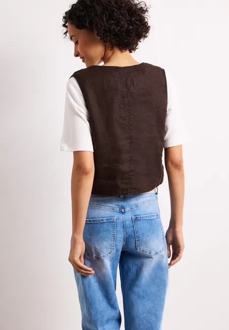 Gilet met V-hals en linnen knopen espresso brown
