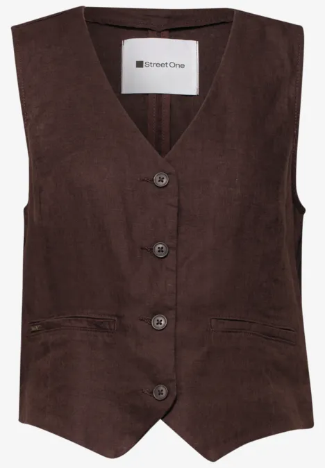 Weste mit V-Neck und Knöpfen aus Leinen espresso brown