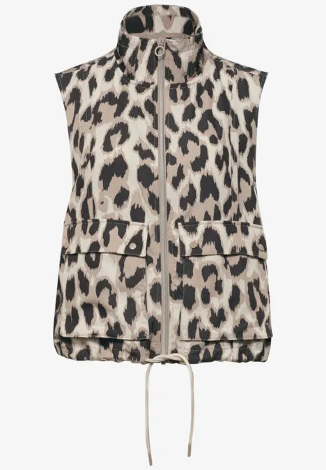 Ärmellose Weste mit Leopardenmuster, Reißverschluss, Tunnelzug und aufgesetzten Taschen.