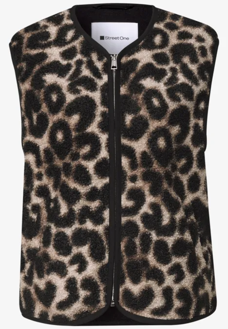 Gilet en peluche à fermeture zip et détails en velours côtelé Black Ärmellose Weste mit Leopardenmuster, weiches Fellimitat und durchgehendem Reißverschluss