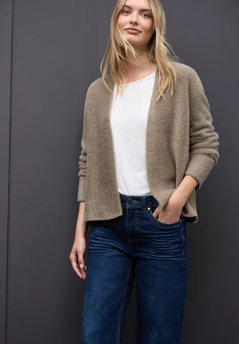 Offener Federgarn-Cardigan mocha glow