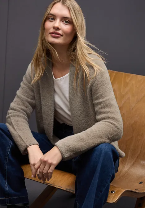 Offener Federgarn-Cardigan mocha glow