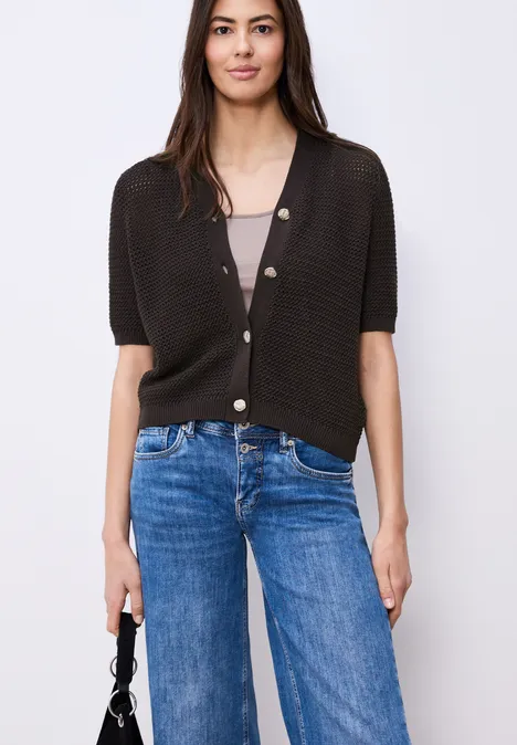 Vest met korte mouwen, V-hals en structuur espresso brown