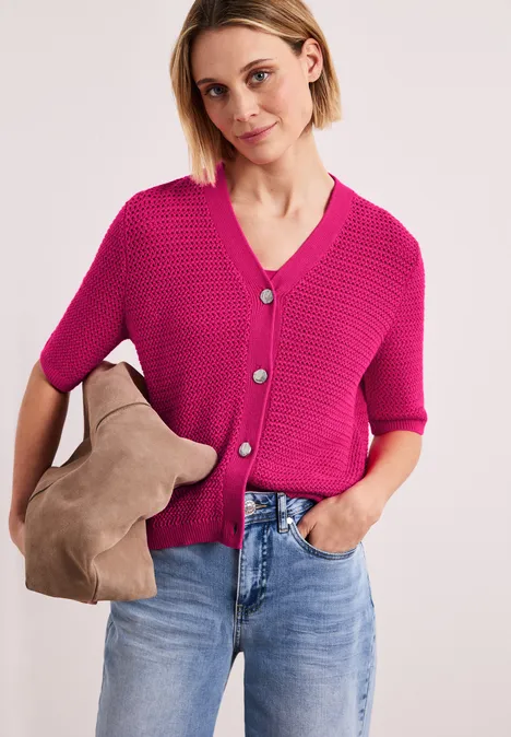 Kurzarm Cardigan mit V-Neck und Struktur magenta dream
