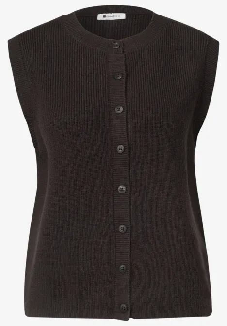 Ärmellose, schwarze Strickweste mit Knopfleiste und Rundhalsausschnitt.