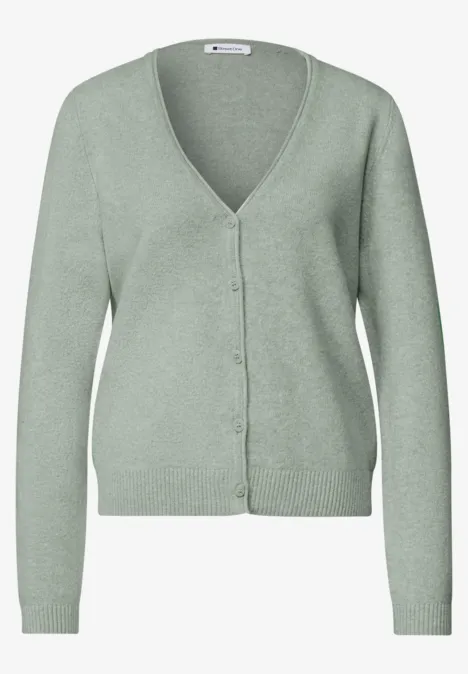 Cadigan mit V-Neck und Knopfleiste eucalyptus green mel. Damen Strick-Cardigan in heller Salbeigrün, V-Ausschnitt, Knopfleiste und lange Ärmel.