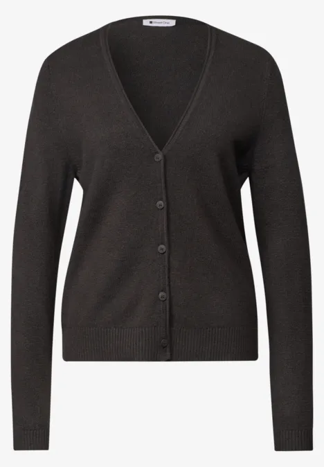 Cadigan mit V-Neck und Knopfleiste black coffee mel. Dunkelgraue Strickjacke mit V-Ausschnitt, langen Ärmeln und durchgehender Knopfleiste.
