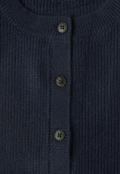Dunkelblauer Strickcardigan mit durchgehender Knopfleiste und runden Knöpfen