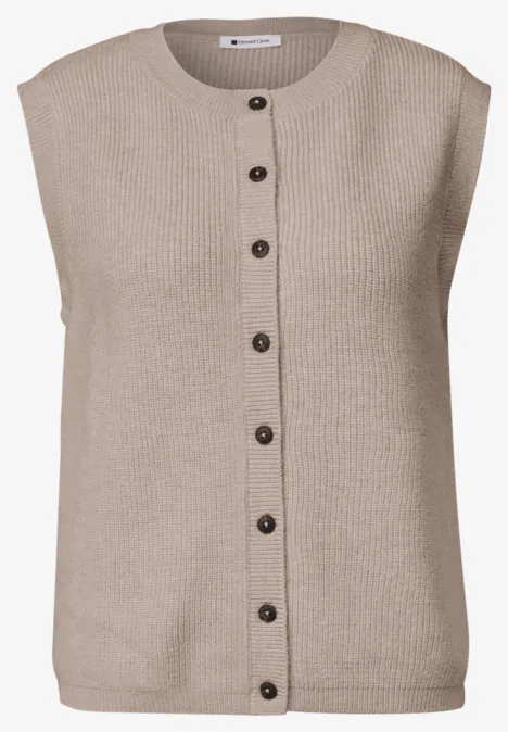 Beige, ärmelloses Strickweste mit rundem Halsausschnitt und durchgehender Knopfleiste.
