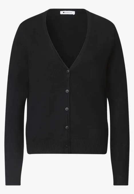 Schwarzer Strickcardigan mit V-Ausschnitt und Knopfleiste.