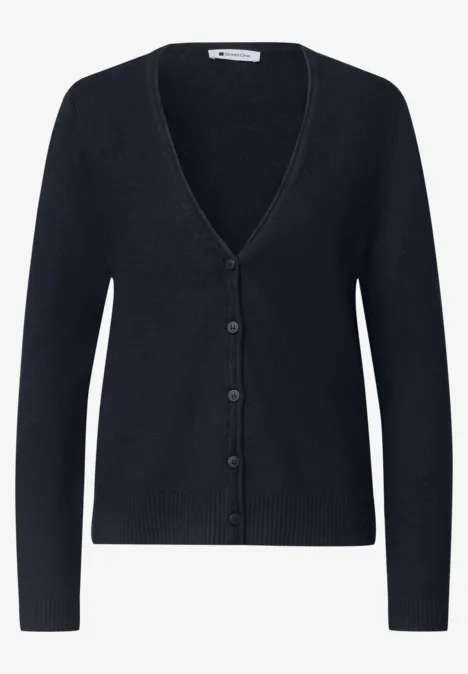 Dunkelblauer Cardigan mit V-Ausschnitt und Knopfleiste.
