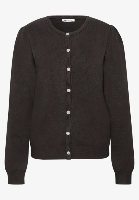 Langarm Cardigan mit Rundhals und Knöpfen black coffee mel. Anthrazitgraue Strickjacke mit Rundhals und Perlmuttknöpfen.