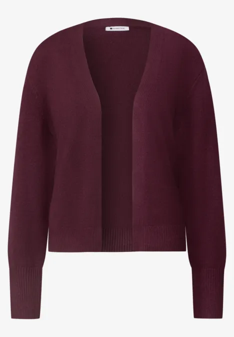 Weinroter, langärmliger Strick-Cardigan mit offenem Design und feinem Rippstrickmuster.