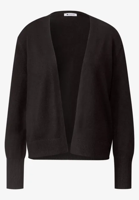 Schwarze, offene Strickjacke mit V-Ausschnitt, langen Ärmeln und gerippten Bündchen.
