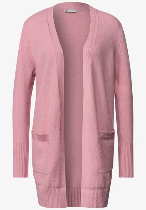 Lang geschnittener, rosafarbener Cardigan mit offenem Schnitt und aufgesetzten Taschen.