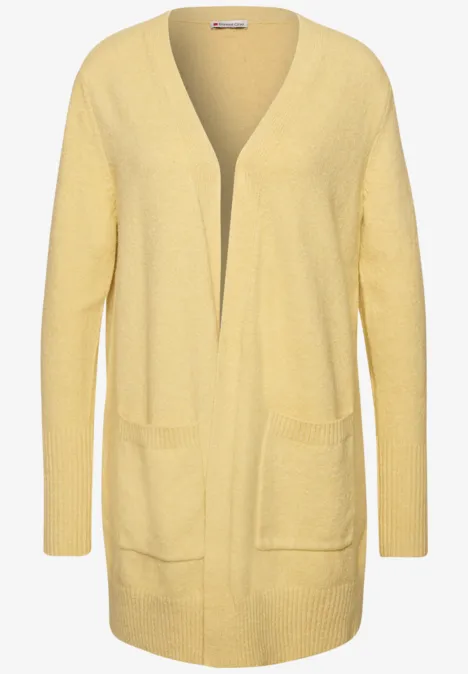 Langarm Cardigan mit aufgesetzten Taschen sunbeam yellow mel. Gelber, offener Strick-Cardigan mit langen Ärmeln und Taschen.