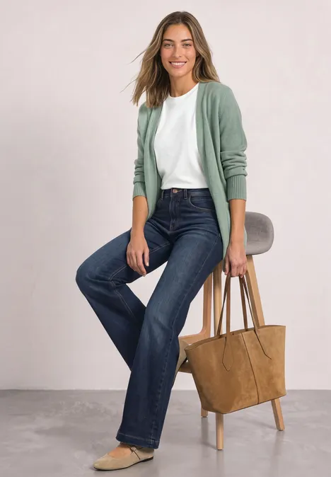 Lächelnde Frau in Jeans, weißem T-Shirt und grünem Cardigan mit brauner Tasche sitzt auf einem Hocker.