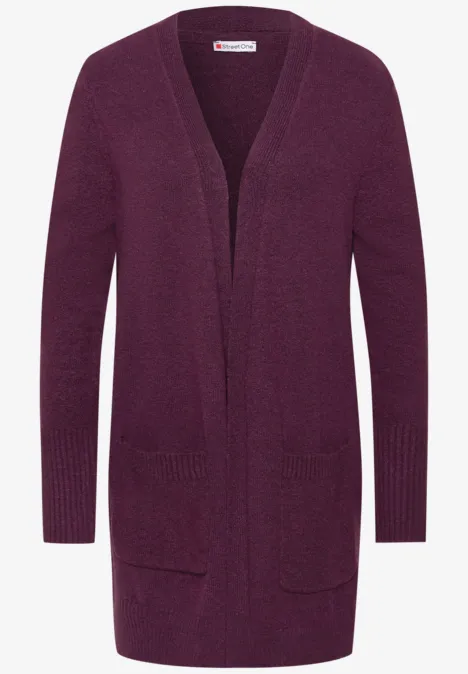 Langarm Cardigan mit aufgesetzten Taschen berry maroon mel. Lila, lange, offene Strickjacke mit langen Ärmeln und Taschen.