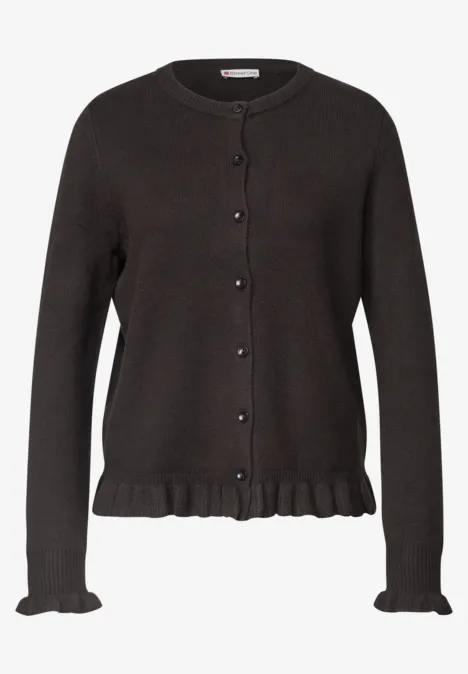 Cardigan mit Rundhals und Rüschendetails black coffee Dunkelbraune Strickjacke mit Knöpfen, Rundhals und Rüschensaum an Ärmeln und Bund