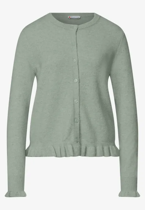 Cardigan mit Rundhals und Rüschendetails eucalyptus green mel. Leichter hellgrüner Damen-Cardigan mit Knopfleiste und Rüschen am Saum und Ärmelabschluss.