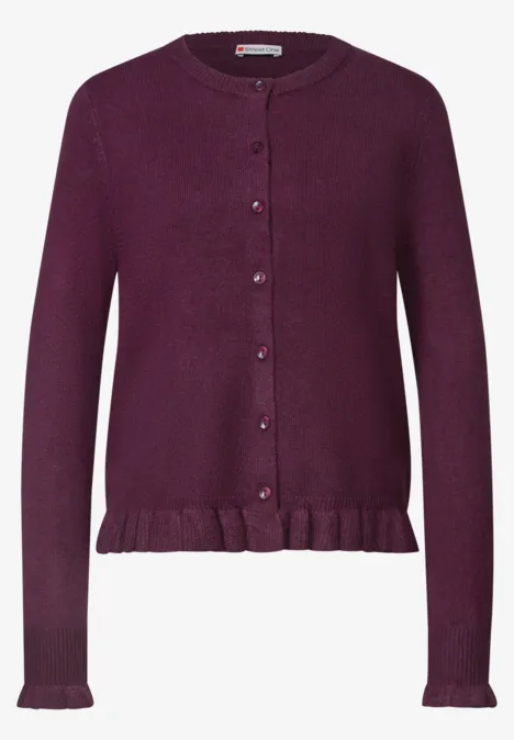 Cardigan mit Rundhals und Rüschendetails berry maroon Lila Strickjacke mit langen Ärmeln, Knopfleiste und Rüschensaum