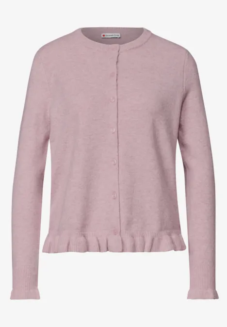 Cardigan mit Rundhals und Rüschendetails quiet rose mel. Hellrosa Damenstrickjacke mit langen Ärmeln, Knopfleiste und verspieltem Rüschenabschluss am Saum.