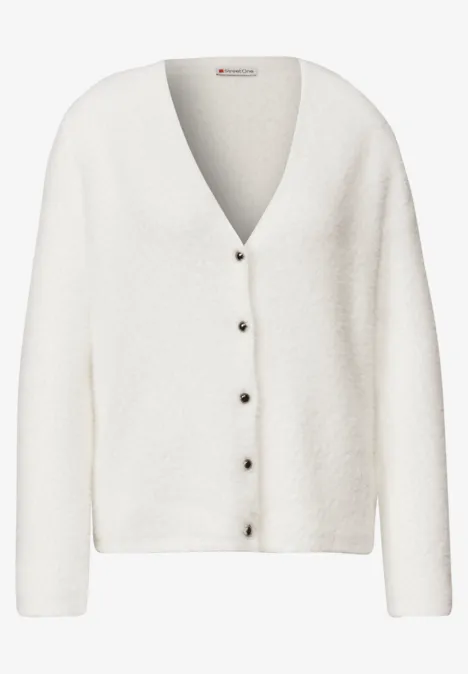 Cardigan à manches longues, col en V et boutons off white Weißer, flauschiger Cardigan mit V-Ausschnitt und Knopfleiste, locker geschnitten
