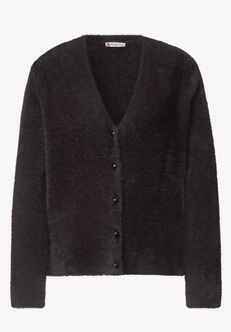 Langarm Cardigan mit V-Neck und Knöpfen black coffee Schwarze, flauschige Damen-Strickjacke mit V-Ausschnitt und Knöpfen.