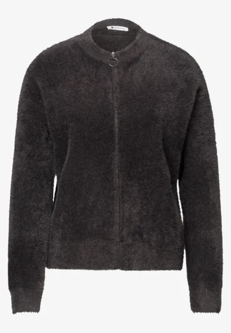 Cardigan en laine fine avec fermeture éclair black coffee Dunkelgraue Teddy-Fleece-Jacke mit Stehkragen und Reißverschluss.