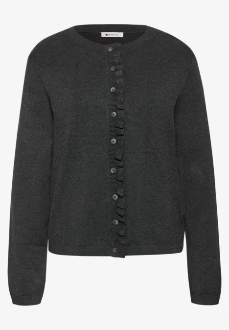 Cardigan à col rond et à volants armor grey mel. Cardigan en maille gris foncé avec volants le long de la patte de boutonnage
