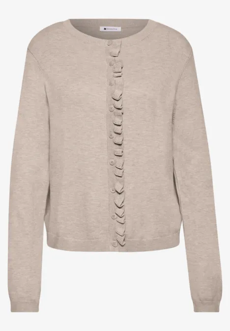 Cardigan à col rond et à volants clay sand mel. Beiger, leichter Damen-Strick-Cardigan mit langen Ärmeln und verspielter Rüschendetailierung vorne.