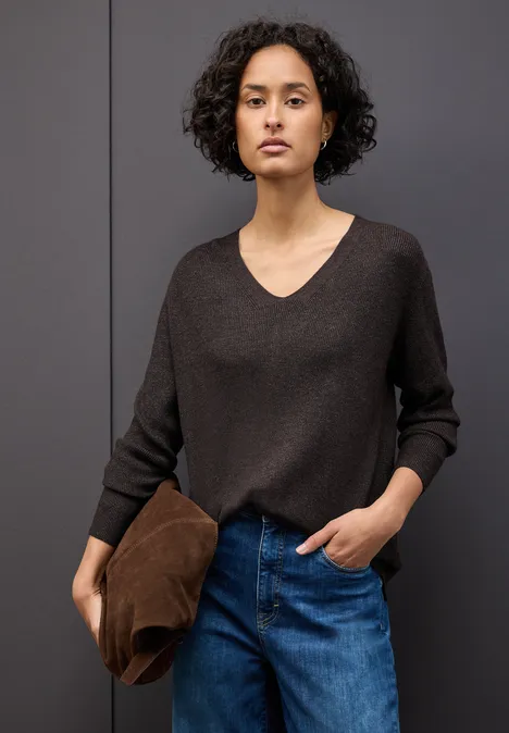 Basic V-Neck Pullover deep roast brown mel.