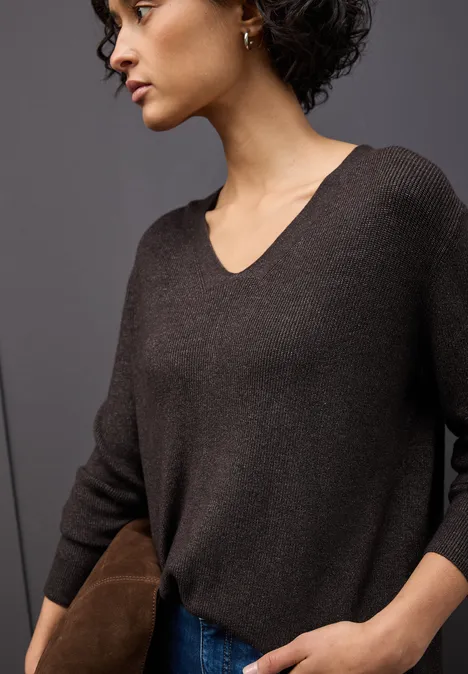 Basic V-Neck Pullover deep roast brown mel.