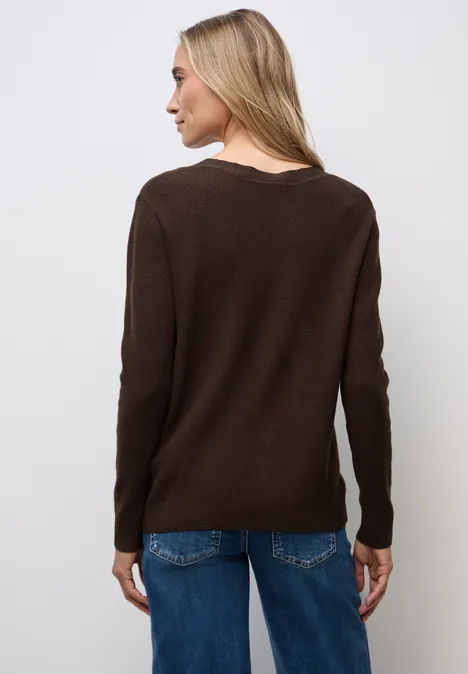 Basis trui met V-hals dark hazelnut brown mel.