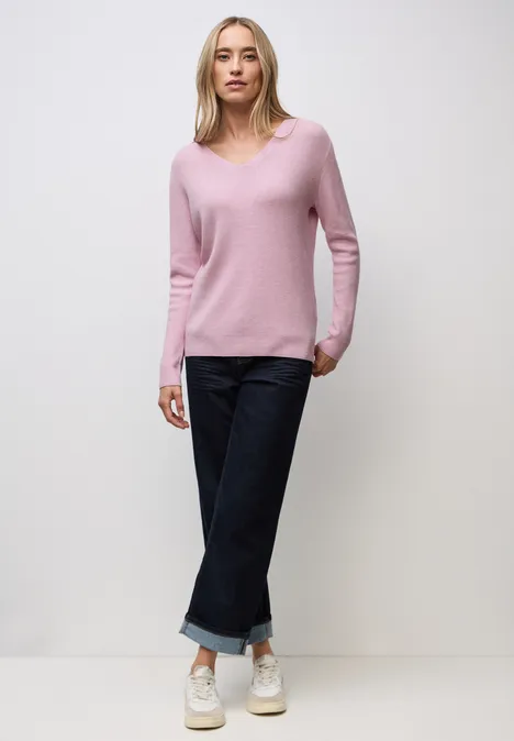 Basis trui met V-hals powder pink mel.
