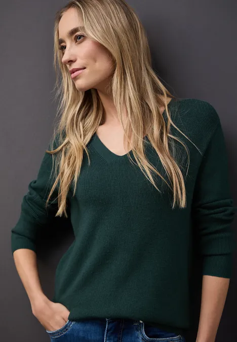 Basic trui met V-hals deep teal green