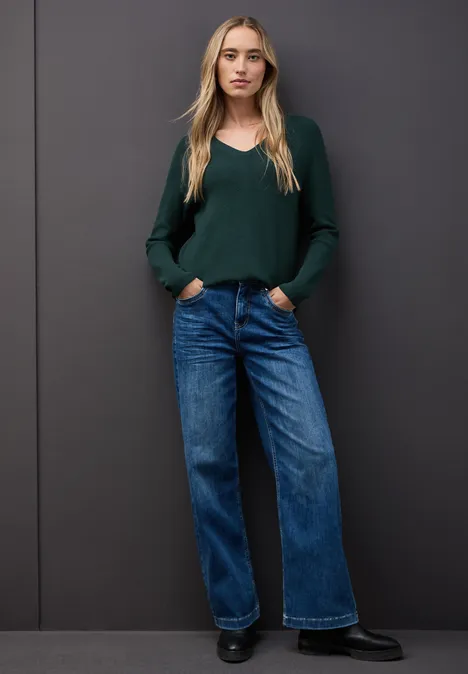 Basic trui met V-hals deep teal green
