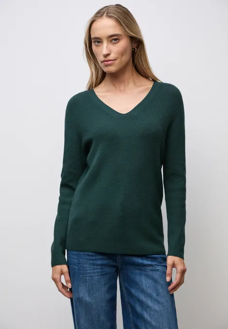 Basic trui met V-hals deep teal green