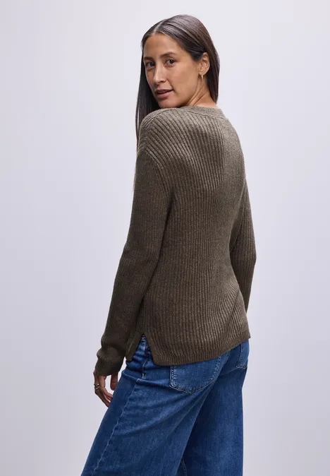 V-Neck Strukturpullover nomad brown mel.