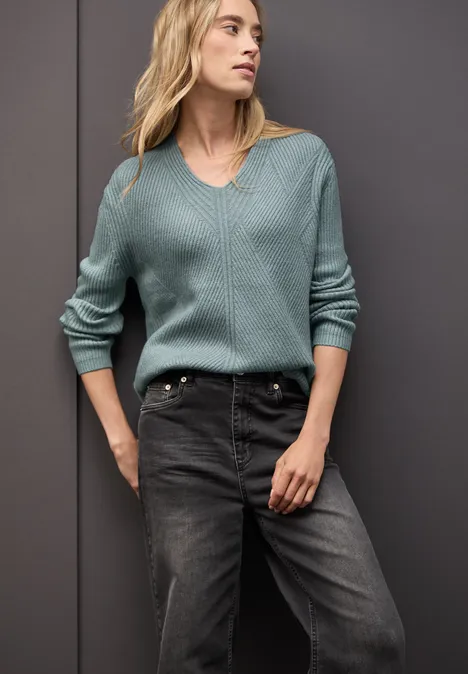 V-Neck Strukturpullover nile blue mel.