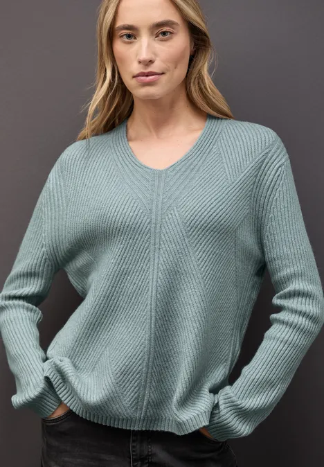 V-Neck Strukturpullover nile blue mel.