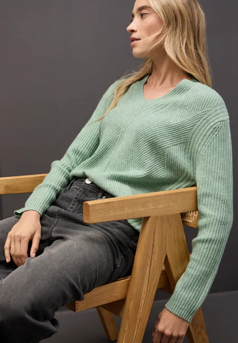 V-Neck Strukturpullover serene green mel.