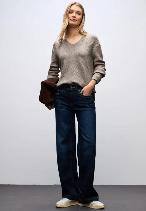 V-Neck Strukturpullover sandstone mocha mel.