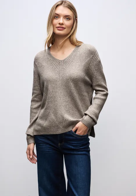 V-Neck Strukturpullover sandstone mocha mel.