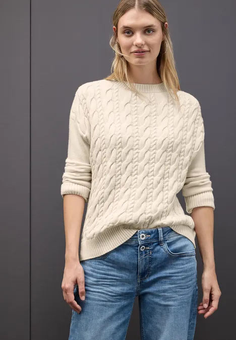 Pullover mit Zopfmuster soft beige