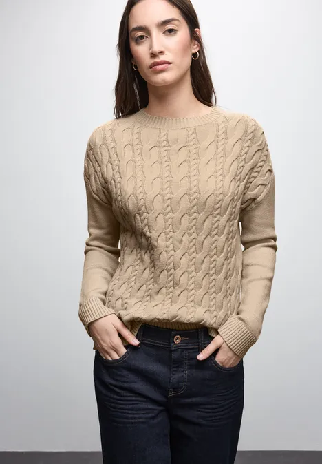 Pullover mit Zopfmuster sanded beige