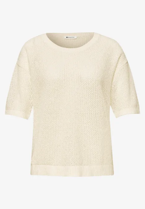 Trui met korte mouwen en netstructuur soft beige Beige gebreide top met korte mouwen