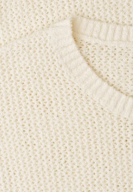 Trui met korte mouwen en netstructuur soft beige Crèmewitte grofgebreide trui met ronde hals