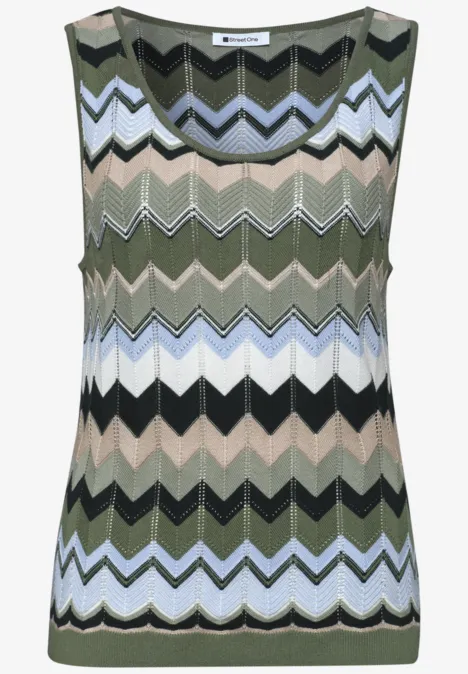 Ärmelloses Strick-Top mit buntem Zickzackmuster in Grün, Blau, Beige, Schwarz und Weiß.